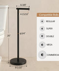 Zero Fuss Freestanding Toilet Paper Holder Stand In Classic Black With Heavy Duty Weighted Base next to a toilet with dimensions.
