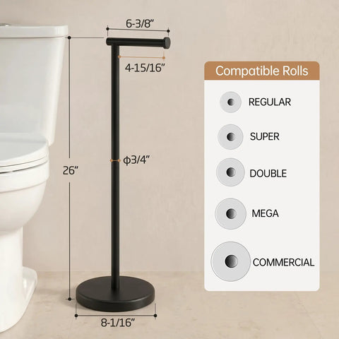 Zero Fuss Freestanding Toilet Paper Holder Stand In Classic Black With Heavy Duty Weighted Base next to a toilet with dimensions.