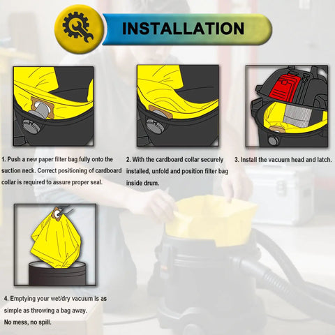 Installation steps for Five Pack Type J Vacuum Bags For 15 To 22 Gallon Shop Vac Wet Dry Vacs, 2-Ply Polypropylene Filtration Down To 1 Micron