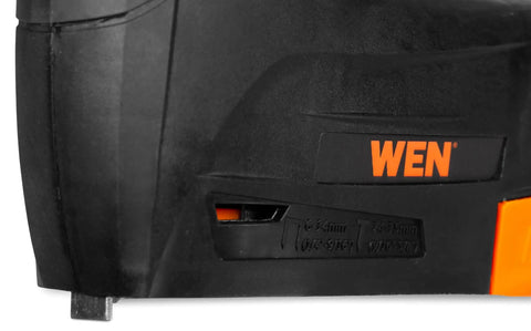 Close-up of the Cordless Two In One Brad Nailer And T50 Crown Stapler, showing size markers and the WEN logo on the tool's body.