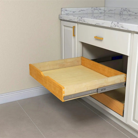 Solid Wood Pull Out Drawer 27W By 21D For Kitchen Cabinets With Full Extension Slides Roll Out Tray Natural Wood Finish Built To Last DIY Assembly Fits Standard RTA Cabinets 26 Inch Drawer Box Inside, open in white cabinet