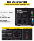 Beefy 3000W Voltage Transformer Converter for Home Use with US, UK, EU outlets, USB port, circuit breaker, CE certified.
