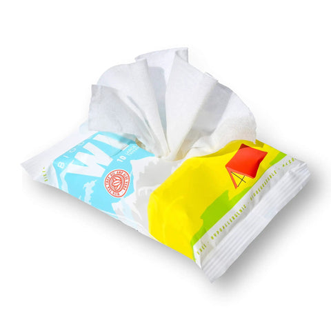 Biodegradable Body Wipes With Tea Tree Oil And Aloe Vera On The Go Fresh Wipes pack with one wipe partially pulled out