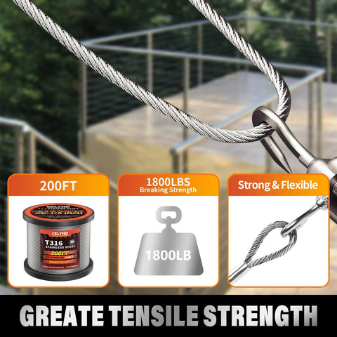 Heavy Duty 200 Foot T316 Stainless Steel Railing Cable One Eighth Inch Marine Grade Wire Rope Built Tough As Nails For Decks Fences And Patios No Sweat Rust Proof Durability with highlights on tensile strength.
