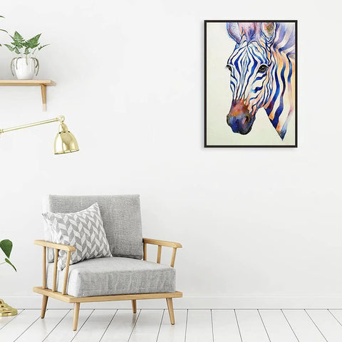 Modern living room with framed zebra art above chair, demonstrating Peel And Stick Molding And Wall Trim Set For DIY Home Decor On Cabinets Doors Mirrors And Frames Self Adhesive No Mess Easy Install Non Toxic 16.4 Ft Long By 0.8 In Wide.