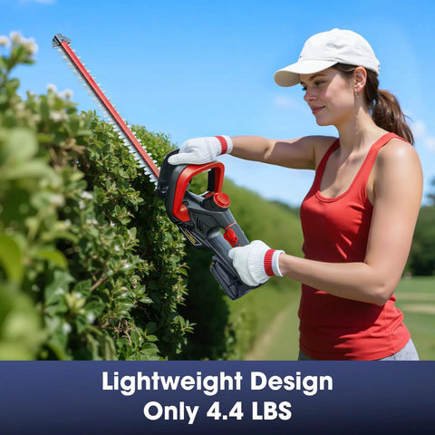 Person using Cordless Hedge Trimmer For 18V Battery, 22 Inch Dual Action Blade With Safety Lock, 1600 RPM, 0.6 Inch Cutting Width, Red