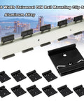 1.65 Inch Din Rail Mount Clip Snap In Universal Bracket For 35mm Din Rails Aluminum Alloy Relay Clip Heavy Duty Black Mounting Clip For Switches And Injectors 10 Pack displayed on rail with city background.