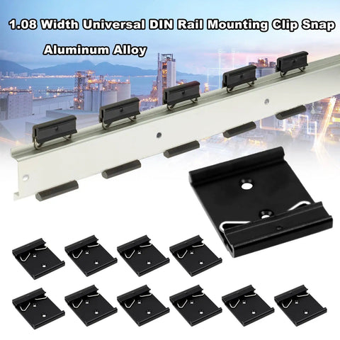 1.65 Inch Din Rail Mount Clip Snap In Universal Bracket For 35mm Din Rails Aluminum Alloy Relay Clip Heavy Duty Black Mounting Clip For Switches And Injectors 10 Pack displayed on rail with city background.