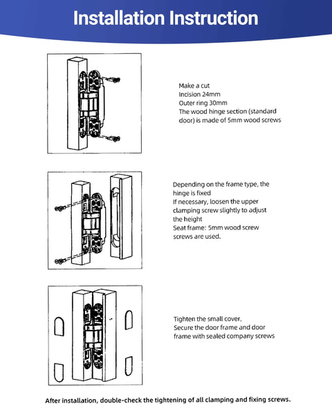 Installation instructions for 6 Inch Invisible Door Hinges For Doors 3D Adjustable 180 Degree Swing Heavy Duty Concealed Zinc Alloy