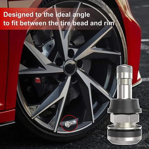 SunSoul TR416 5-pack metal tire valve stems, outer-mount, silver, for .453–.625 in rim holes.