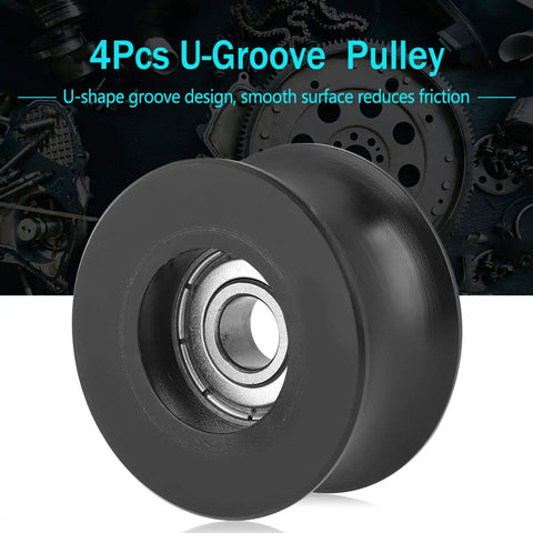 Four Piece 2 Inch U Shaped Nylon Pulley Wheels Set 40mm Grooved U Type Rollers With Bearings 8x40x20mm For Driving Mechanical Equipment And Doors And Windows Smooth Quiet Operation And Heavy Duty Durable Pulleys, black U-groove pulley wheel close-up