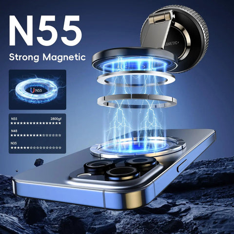 Heavy Duty Car Phone Holder Magnetic Mount With 360 Degree Rotation And Beefed Up Vacuum Suction For MagSafe Phones Fits iPhone 16 Pro Max And 15 14 13 12 Plus with N55 magnets demonstration.