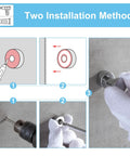 Installation steps for Compact Brass Robe Hook For Bathroom With Glue, showing adhesive and drilling methods on wall.