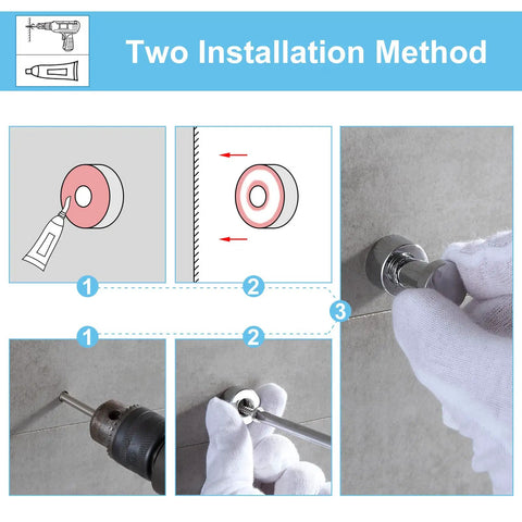 Installation steps for Compact Brass Robe Hook For Bathroom With Glue, showing adhesive and drilling methods on wall.