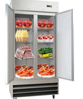 Built Tough Two Door Reach In Commercial Freezer 27 6 Cubic Feet Stainless Steel Kitchen Workhorse With Six Adjustable Shelves Digital Temp Control And Fast Auto Defrost System with food items inside.
