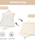 Image of a hammock showing before and after using the Two Person Outdoor Hammock Replacement Pad For Stand, Quilted Reversible Polyester Pad with Fiber Fill.
