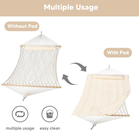 Image of a hammock showing before and after using the Two Person Outdoor Hammock Replacement Pad For Stand, Quilted Reversible Polyester Pad with Fiber Fill.