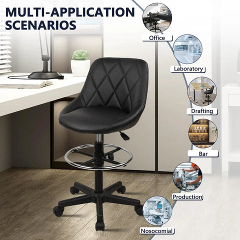 Drafting Chair With Backrest And Wheels For Office And Workshop Use Boss Level Comfort Adjustable Height Footrest PU Leather Tall Swivel Stool For Kitchen Islands And Home Bars Easy Rolling Casters Black 1 Pack in an office setting
