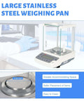 Analytical balance with glass wind shield in lab, showing large stainless steel weighing pan and USB RS232 interface, LCD display.