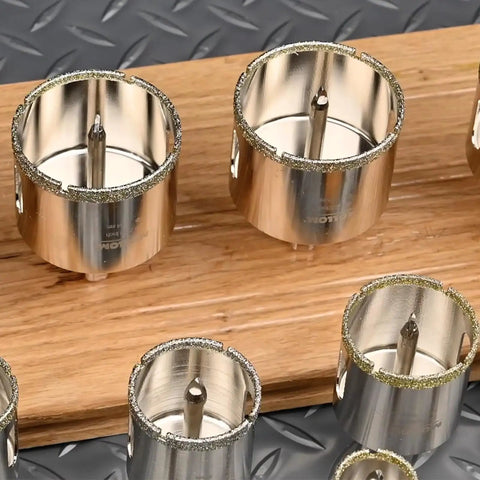 Heavy Duty Quarter Inch Diamond Hole Saw Two Piece Kit Brazed Premium Grain Design on wooden surface.