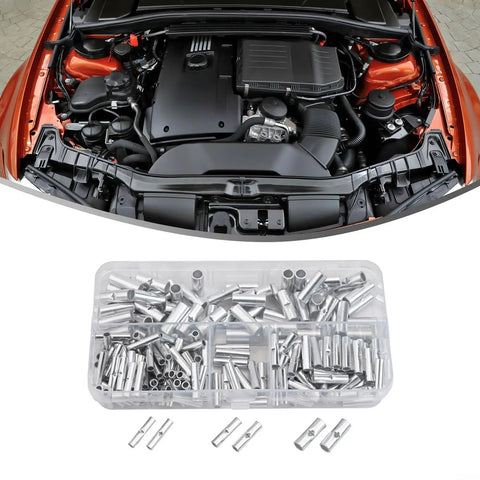 Bulk Pack Of 200 Premium Bare Copper Butt Connectors Non Insulated Crimp Terminals For 22 To 10 Awg Wire Splice Ferrules With Tin Plating For Max Conductivity And Durability Perfect For Car Mods And Pro Auto Repairs. Clear organizer with silver butt connectors for car wiring