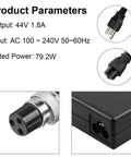 Close-up of the 44 Volt 1.8 Amp Universal Charger For 36 Volt SLA Batteries input and output connectors with specifications.