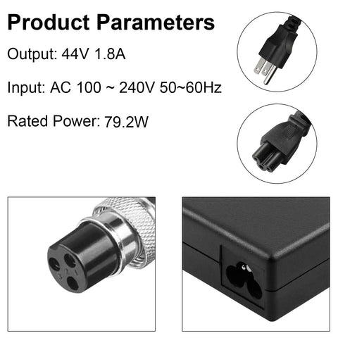Close-up of the 44 Volt 1.8 Amp Universal Charger For 36 Volt SLA Batteries input and output connectors with specifications.