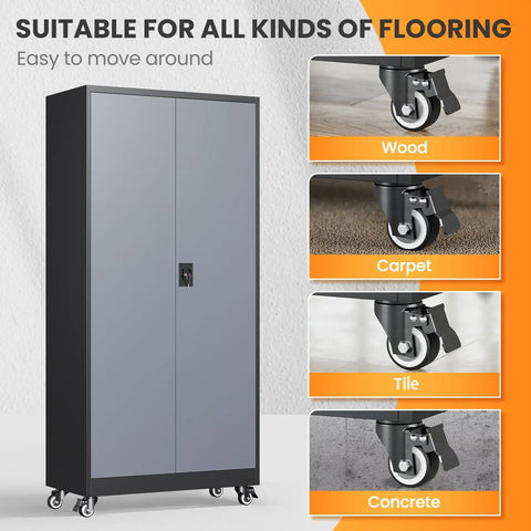 Heavy Duty Rolling Metal Garage Cabinet With Lock, Tall Tool Cabinet On Wheels, 2 Doors And 4 Shelves, Suitable for all flooring types