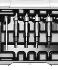 Top Shelf Centrotec Forstner Drill Bit Set With Five Heavy Duty Bits From 15 To 35 Millimeters For Clean Hole Boring And Precision Woodworking Tasks That Deliver Badass Accuracy Long Lasting Durability And Zero Tear Out On Projects in a black organizer tray.