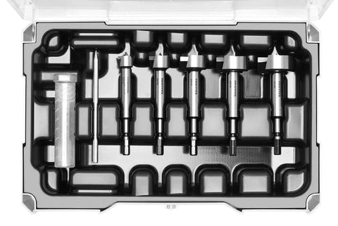 Top Shelf Centrotec Forstner Drill Bit Set With Five Heavy Duty Bits From 15 To 35 Millimeters For Clean Hole Boring And Precision Woodworking Tasks That Deliver Badass Accuracy Long Lasting Durability And Zero Tear Out On Projects in a black organizer tray.