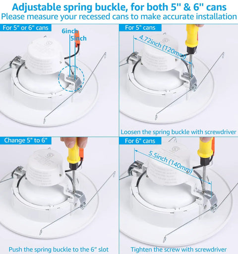 Installation steps for 6 Inch Gimbal LED Recessed Light Kit Dimmable 13W Downlight with adjustable spring buckle for 5" or 6" cans.