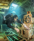 Diver exploring wreck using Zen Deluxe Single Tank Scuba BCD With Narrow Zen Wing For Superior Buoyancy Control, Stainless Backplate