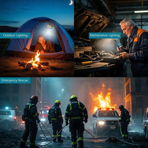 Rechargeable Magnetic Work Light 1200 Lumens With COB LED shown in use for camping, car repair, and emergency rescue situations.