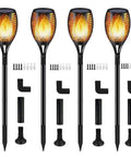 Four Outdoor Solar Flame Torch Lights Waterproof Mood Lighting For Pathway Patio Yard Garden With Auto Dusk To Dawn On Off 96 LED