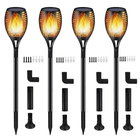 Four Outdoor Solar Flame Torch Lights Waterproof Mood Lighting For Pathway Patio Yard Garden With Auto Dusk To Dawn On Off 96 LED