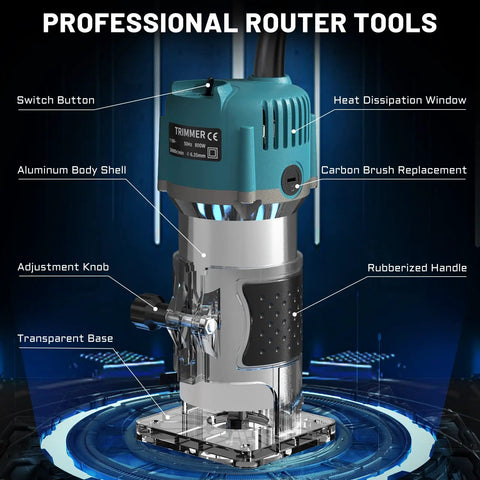 Professional Powerful Compact Wood Router Tool 800W 30000 RPM Workhorse For Woodworking Handheld Trimmer with labeled features