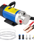 Heavy Duty 12V Electric Oil Extractor Pump For Rapid Motor And Transmission Fluid Exchange Uses Dipstick Access For Grease Monkey Free Garage Work On Cars And Small Equipment, showing pump motor and accessories.