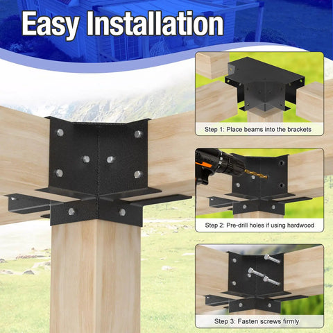 4x4 Pergola Brackets Kit 4 Way Corner Brackets for Gazebos and Patios installation steps on wood post.