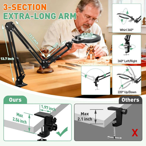 Pro Grade 12X 30X Magnifying Glass With Light And Stand showing 3-section long arm and heavy-duty clamp