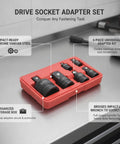 Huge 6-Piece Drive Socket Adapter Set Made Of Chrome Vanadium Steel Lets You Hook Your Impact Wrench To Any Standard Socket Kit Plus Storage Box For Gnarly Automotive Repairs And Heavy Duty Bolts, red case