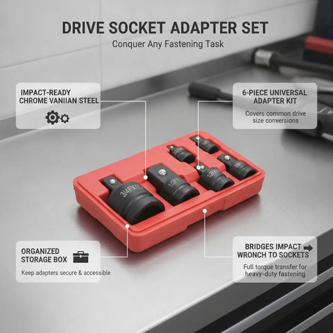 Huge 6-Piece Drive Socket Adapter Set Made Of Chrome Vanadium Steel Lets You Hook Your Impact Wrench To Any Standard Socket Kit Plus Storage Box For Gnarly Automotive Repairs And Heavy Duty Bolts, red case