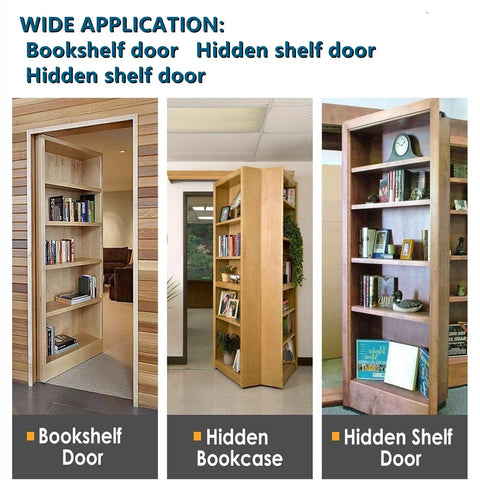 Heavy Duty Door Pivot Hinges For Wood Doors 360 Degree Hidden Door Hinge For Secret Doors shown on installed bookshelf doors
