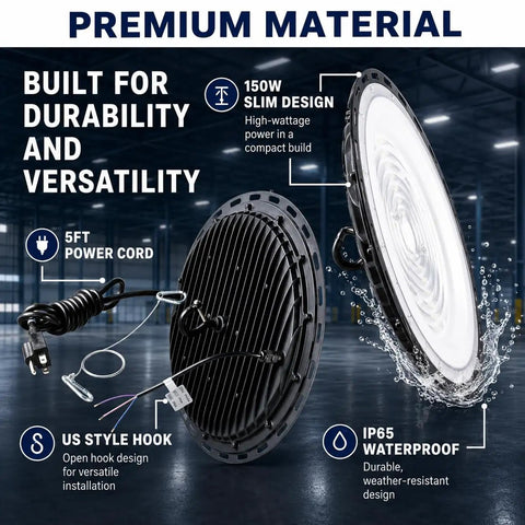 Side view of Hella Bright 150W UFO LED High Bay Light 10-Pack, 19500LM, 5000K Daylight, IP65 ETL Dimmable 0-10V with US plug and hook