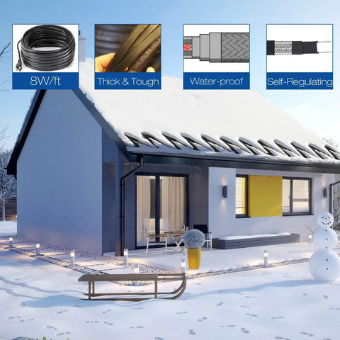 Self Regulating Roof And Gutters Heat Cable That Beats Ice Dams Eight Watts Per Foot For Snow Deicing And Ice Melt Eighty Foot Run Heavy Duty Heat Tape With Patented Heating Technology installed on house roof in winter.