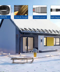 Snow-covered house with installed Self Regulating Roof And Gutter Heat Cable For Ice Dam Prevention 8 Watts Per Foot Heavy Duty Snow Deicing Tape 140 Foot Length Patented Heating Technology.