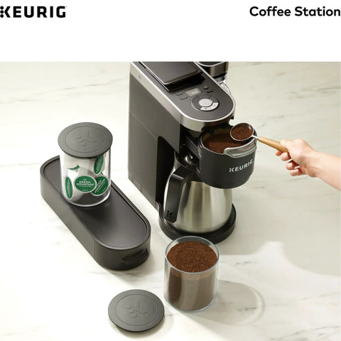 K Cup Pod And Ground Coffee Storage Organizer With Airtight Glass Canisters Holds 12 Oz Ground Coffee And 12 K Cup Pods Black Modern Kitchen Countertop Storage