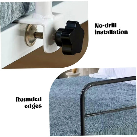 Adjustable Drill-Free Clip-On Bed Rails For Adults And Seniors showing no-drill clip and rounded metal guard edges