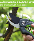 8 Inch Bypass Pruning Shears With Sharp SK5 Steel Blades For Smooth Pro Grade Cuts in use on tree branch