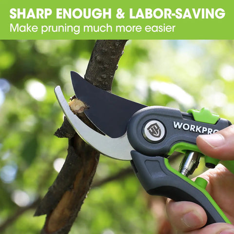 8 Inch Bypass Pruning Shears With Sharp SK5 Steel Blades For Smooth Pro Grade Cuts in use on tree branch