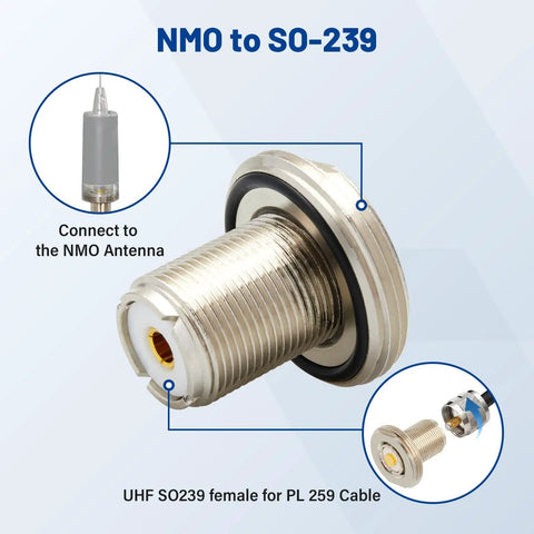 NMO To UHF SO239 Connector Adapter For VHF UHF Ham Radio Mobile Antenna Mount With Cover PL259, showing adapter detail.